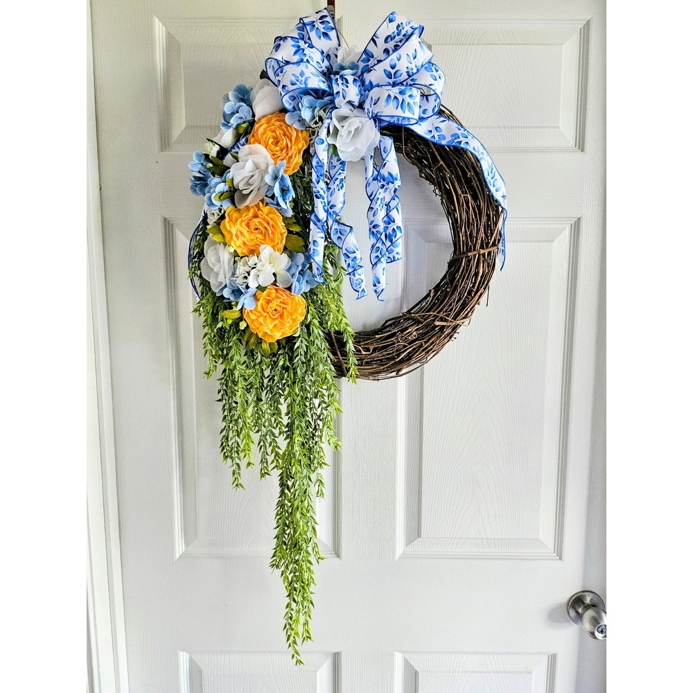 Hand Crafted Floral Grapevine Wreath 16 inch Yellow Ranunculus Blue Hydrangea